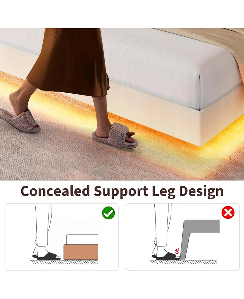 gaomon King Size Floating Bed Frame with Led Lights, Charging Station, Storage Headboard, Folding Shelf, Metal Slats, Beige