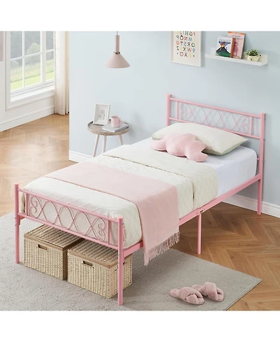 Gaomon Twin Pink Metal Bed Frame with Headboard Footboard for Girls Boys Sweet Heart Iron Art No Box Spring