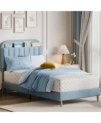 gaomon Twin Xl Bed Frame with Storage Headboard Velvet Upholstered Platform for Kids Boys Wooden Slats Noise Free