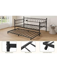 gaomon Twin Size Metal Daybed with Trundle Charging Station Led Lights Sofa Bed for Living Room Guest Room Apartment Black