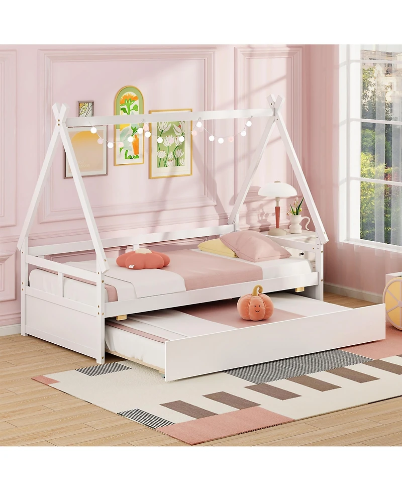 Gymax Twin Size House Bed w/ Trundle Roof & Safety Guardrail Wood Slat Support