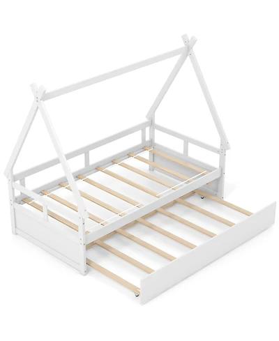 Gymax Twin Size House Bed w/ Trundle Roof & Safety Guardrail Wood Slat Support