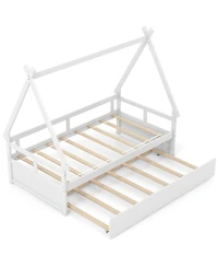 Gymax Twin Size House Bed w/ Trundle Roof & Safety Guardrail Wood Slat Support