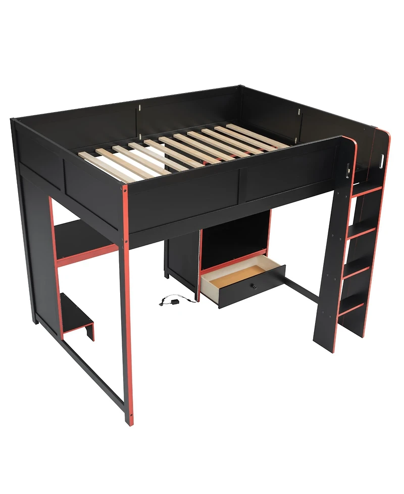 Flynama Wood Gaming Loft Bed with BuiltIn Desk Wardrobe and Storage Drawer Led Lighting Space Saving Furniture for Teens and Adults Bedrooms