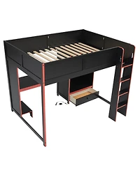Flynama Wood Gaming Loft Bed with BuiltIn Desk Wardrobe and Storage Drawer Led Lighting Space Saving Furniture for Teens and Adults Bedrooms