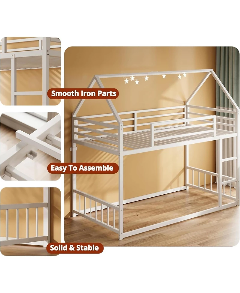 Likimio Bunk Bed Twin Xl Over Twin Xl, Metal Bunk Bed Frame with Ladder and Guardrail, House Shaped with Metal Slats for Dormitory and Bedroom