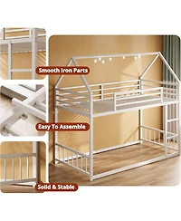 Likimio Bunk Bed Twin Xl Over Twin Xl, Metal Bunk Bed Frame with Ladder and Guardrail, House Shaped with Metal Slats for Dormitory and Bedroom