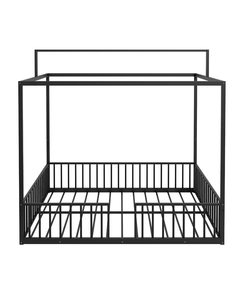 Streamdale Furniture 3-in-1 Convertible Montessori Metal Floor Bed, Fenced Toddler Bed, Canopy Platform