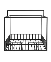 Streamdale Furniture 3-in-1 Convertible Montessori Metal Floor Bed, Fenced Toddler Bed, Canopy Platform