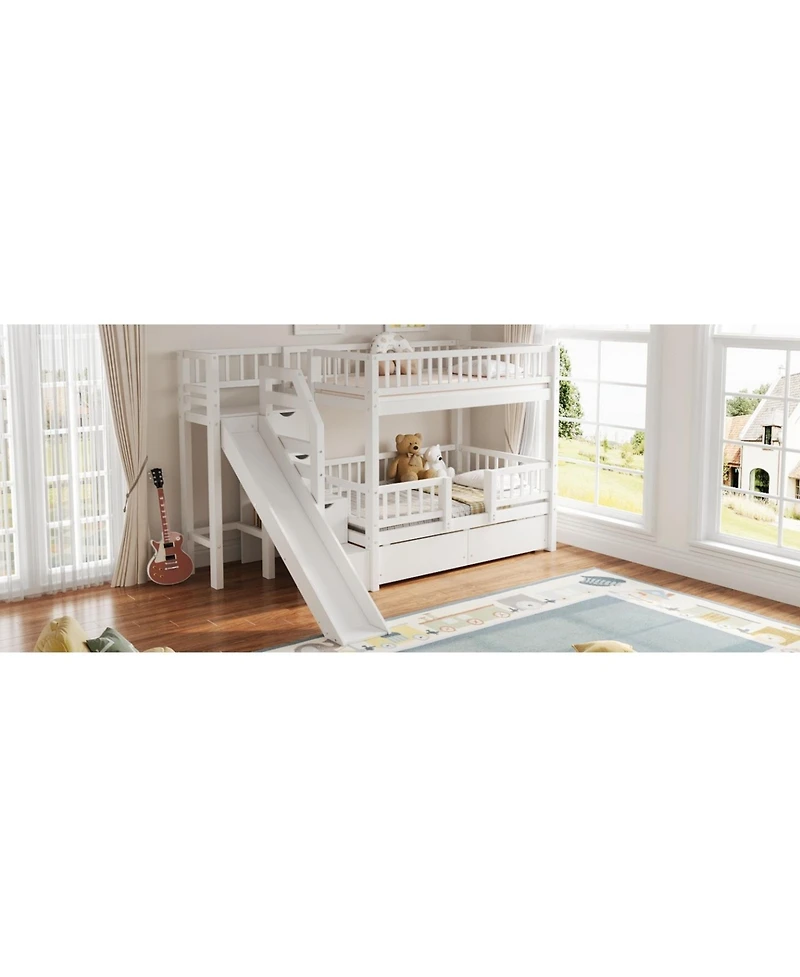 Streamdale Furniture Twin over Twin Bunk Bed w/ Storage Stairs, Slide, 2 Drawers, Walnut