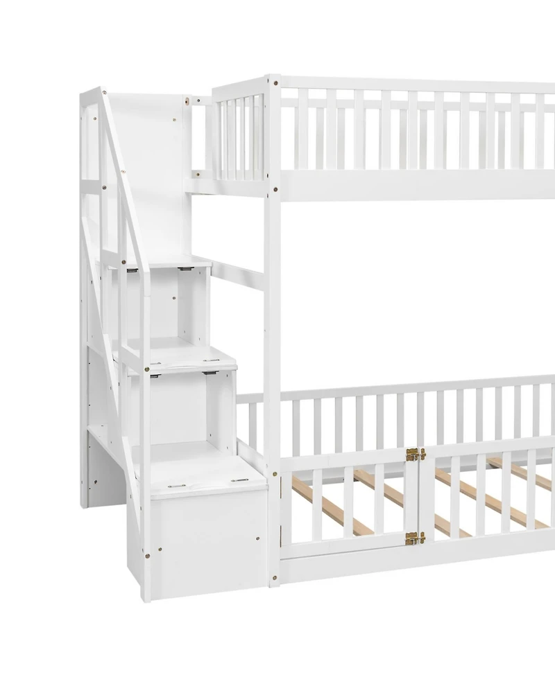 Streamdale Furniture Twin over Twin Floor Bunk Bed, Ladder with Storage