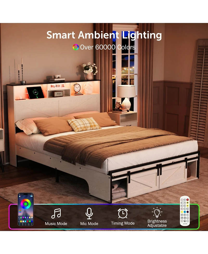 Streamdale Farmhouse Full Size Bed Frame with Storage Headboard, Charging Station & Led Lights, White