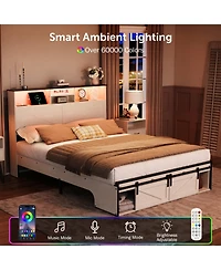 Streamdale Farmhouse Full Size Bed Frame with Storage Headboard, Charging Station & Led Lights, White