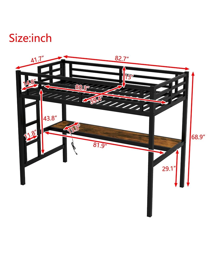 Streamdale Metal Twin Xl Loft Bed with Power Outlet & Led Light, Black