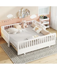 Streamdale Twin Size Platform Bed with Guardrails, Solid Wood, Convertible to Double Twin, White