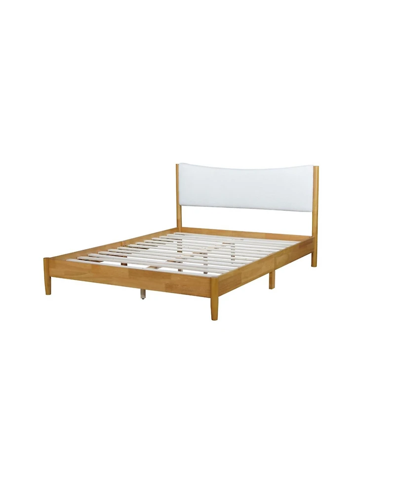 Streamdale Queen Size Solid Rubber Wood Bed with Boucle Headboard, Beech White