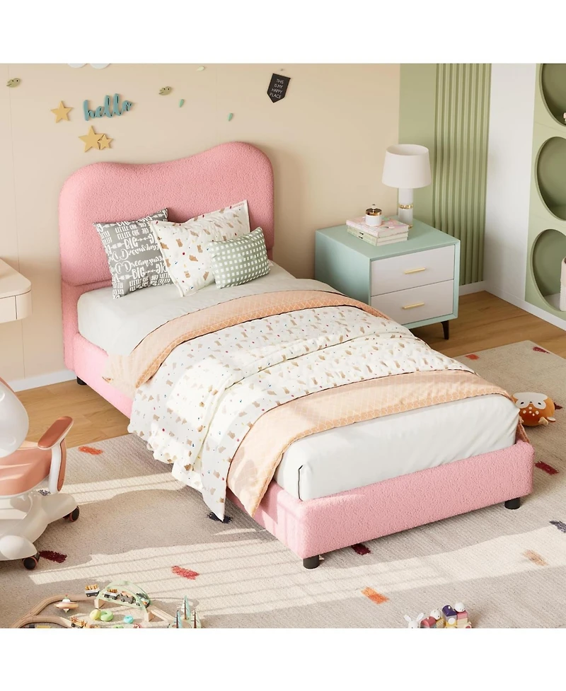 gaomon Kids Bed Frame with Upholstered Headboard, Low Profile Sturdy Platform Soft Boucle Fabric for Girls and Boys, Heavy Duty