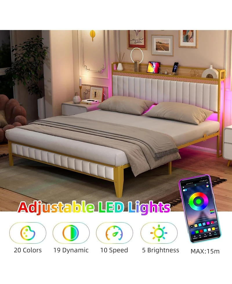 gaomon Upholstered Bed Frame with Led Light and Charging Station, Platform Bed with Headboard and Storage, Noise Free, Easy Assembly