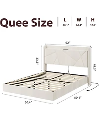 gaomon Floating Bed Frame with Led Lights & Usb Charging Station, Upholstered Platform Storage Headboard and Foldable Shelves