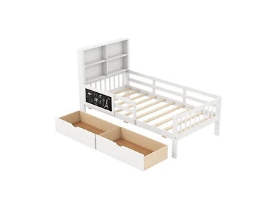 Slickblue Wooden Built-In Bookcase, 2 Storage Drawers, Guardrails, Durable Design Storage Bed