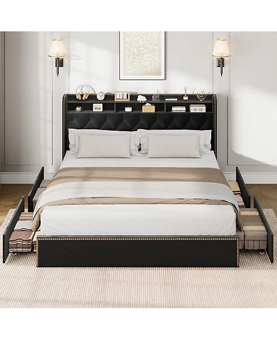 gaomon Velvet King Size Bed Frame with 4 Storage Drawers, Tufted Headboard, Nailhead Trim – Platform Bed