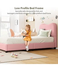 gaomon Twin Size Pink Velvet Upholstered Kids Bed Frame with Headboard, Low Profile, Cozy, Sturdy Wood Slats, Easy Assembly