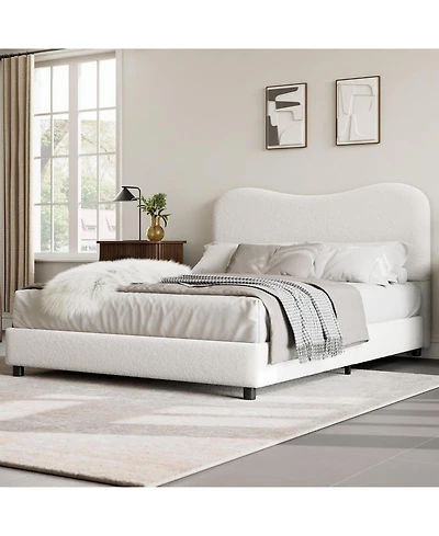 gaomon Full Size White Boucle Bed Frame with Upholstered Headboard, Low Profile, Heavy Duty Wooden Slats, No Box Spring Needed
