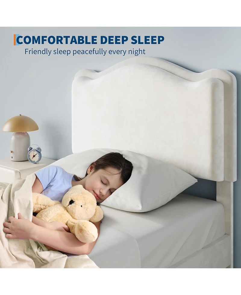 gaomon Twin Size Upholstered Bed Frame with 2 Drawers, Double Wavy Headboard, Princess Platform for Girls