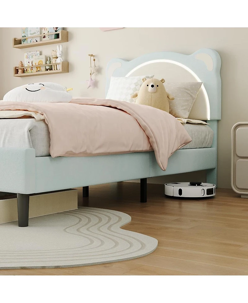 gaomon Upholstered Twin Kids Platform Bed Frame with Adjustable Headboard, Led Light, Wood Slats, No Box Spring – Bed Frame