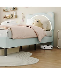 gaomon Upholstered Twin Kids Platform Bed Frame with Adjustable Headboard, Led Light, Wood Slats, No Box Spring – Bed Frame