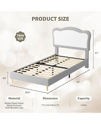 gaomon Twin Size Kids Upholstered Bed Frame with Scallop Velvet Headboard, Sturdy Slats, Noise-Free, Grey & White
