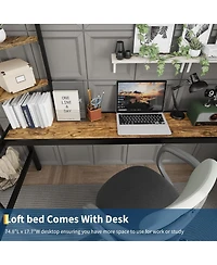 gaomon Twin Size Loft Bed with Large Desk, Storage Shelves, Stairs & Safety Guardrail, Space Saving, Black & Brown