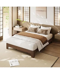 Queen Platform Bed Frame with Underbed Storage 10.24" Clearance Wood & Metal Slats No Headboard No Box Spring Walnut