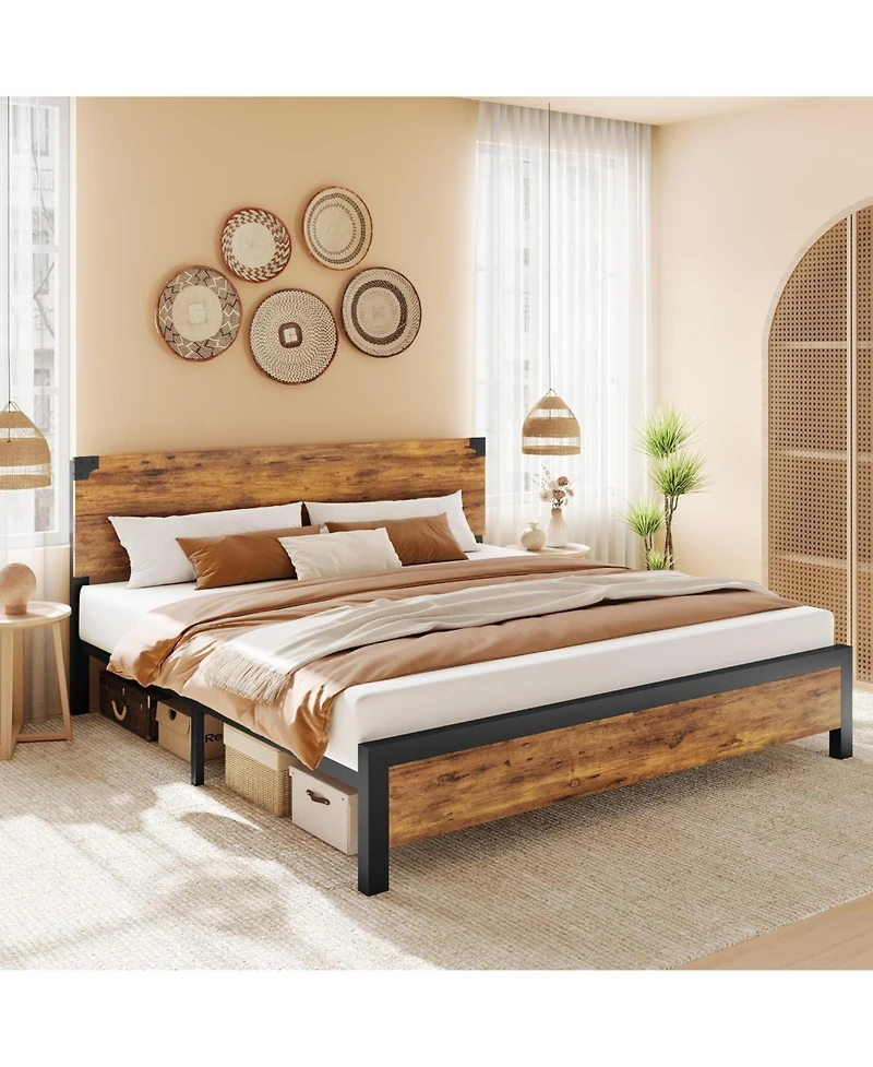 Gaomon King Size Bed Frame with Wooden Headboard Platform Design Underbed Storage Metal Legs Rustic Brown