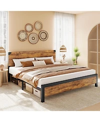 Gaomon King Size Bed Frame with Wooden Headboard Platform Design Underbed Storage Metal Legs Rustic Brown