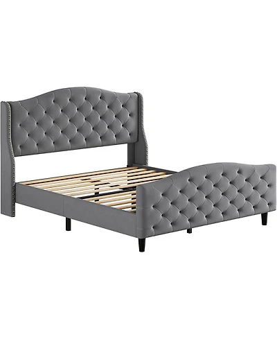 gaomon Queen Bed Velvet Frame with Wingback Headboard Nailhead Trim Sleigh Platform Wooden Slats