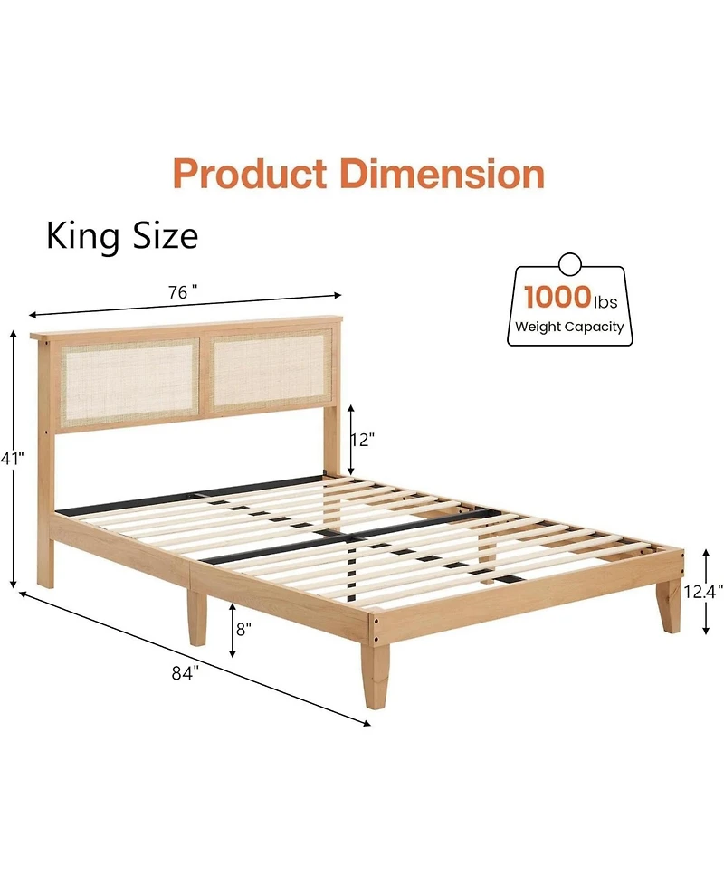 gaomon King Size Solid Wood Rattan Headboard with Led Lights Silent Slats Bohemian Platform Bed Frame