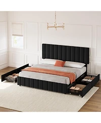 gaomon Queen 4 Storage Drawers, Adjustable Headboard, Wooden Slats, Grey Linen Upholstered Platform Bed Frame