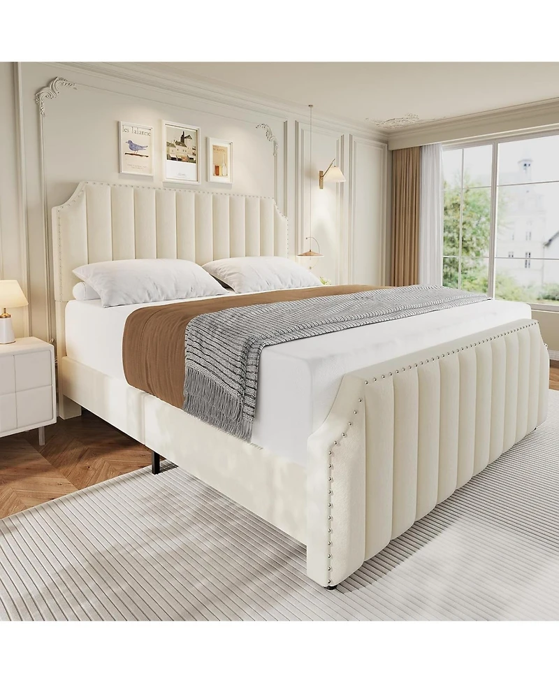 gaomon King Size Velvet Bed Frame 50.2in Headboard Footboard Upholstered Platform Nailhead Trim No Box Spring