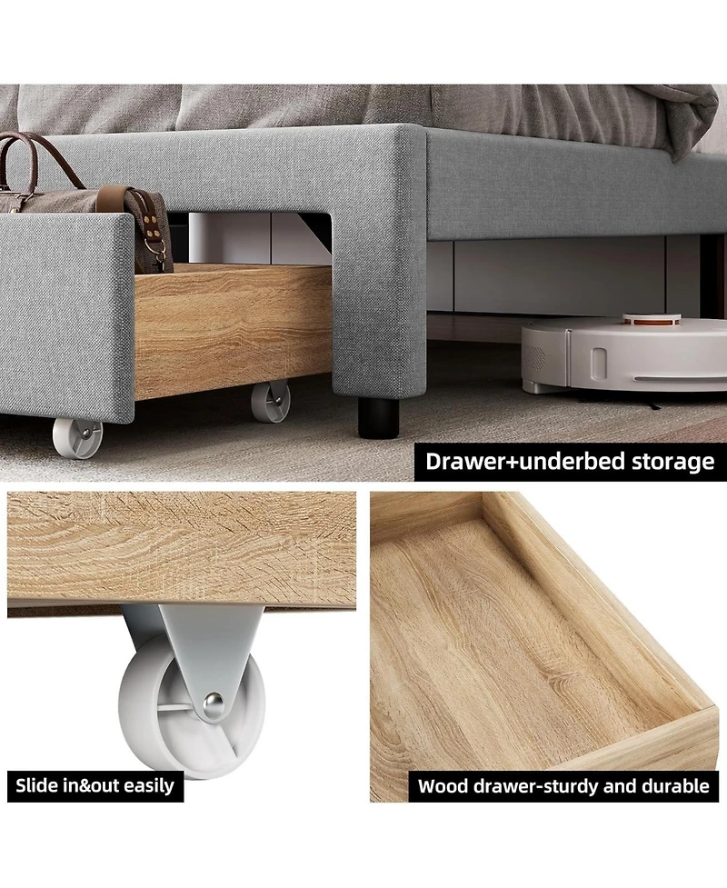 gaomon Full Size Bed Frame Storage Headboard Upholstered Platform Drawers Charging Station Noise Free No Box Spring Light Grey