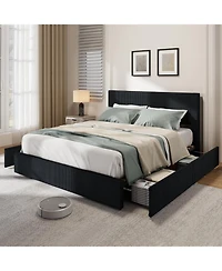 gaomon Full Size Upholstered Platform Bed Frame 4 Storage Drawers Corduroy Tufted Wingback Headboard Wood Slats No Box Spring
