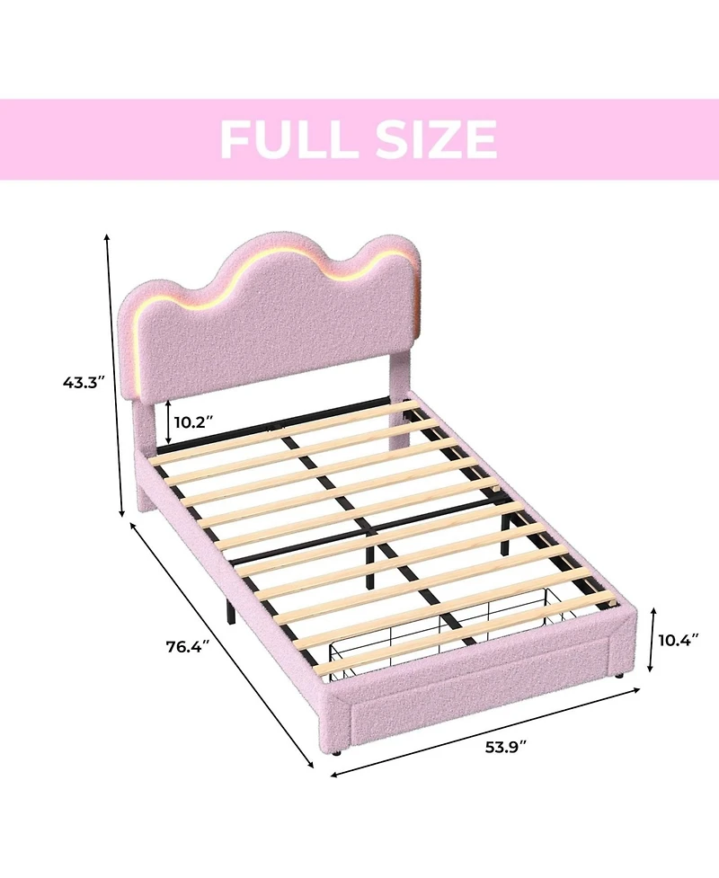 gaomon Twin Size Boucle Upholstered Platform Bed Frame with Flower Headboard Led Lights Storage Drawers Wood Slats No Box Spring Pink