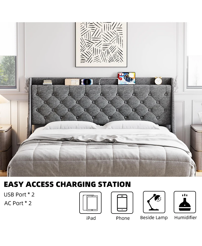 Gaomon Easy Assembly King Size Upholstered Bed Frame Space Saving, for Living Room, Guest Room