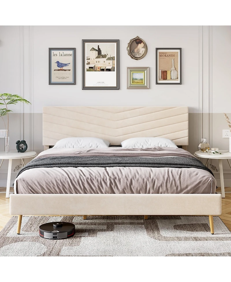 Gaomon Easy Assembly King Size Bed Frame- Velvet Upholstered Platform Bed Space Saving, for Living Room, Guest Room