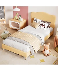 Gaomon Twin Size Bed Frame for Kids with Scallop Headboard, Cute Velvet Twin Bed for Girls, Boys