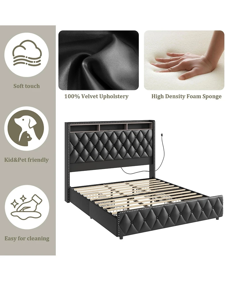 Gaomon Queen Bed Frame with 50.8" Tall Headboard, Platform Velvet Upholstered Bed Frame with 4 Storage Drawers