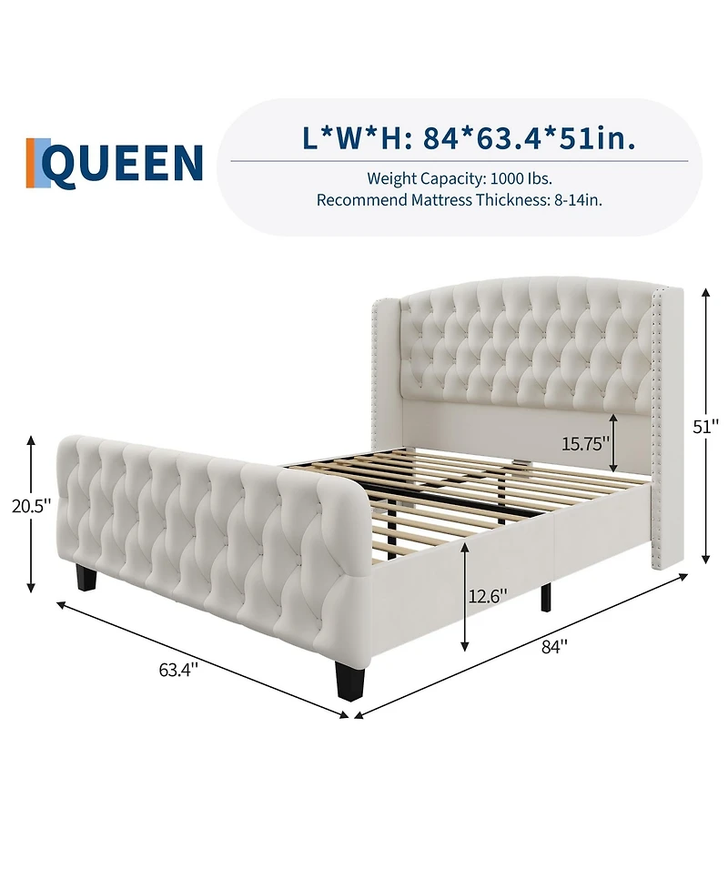 gaomon 51" Tall Queen Size Bed Frame with Deep Button Tufted Wingback Headboard and Footboard
