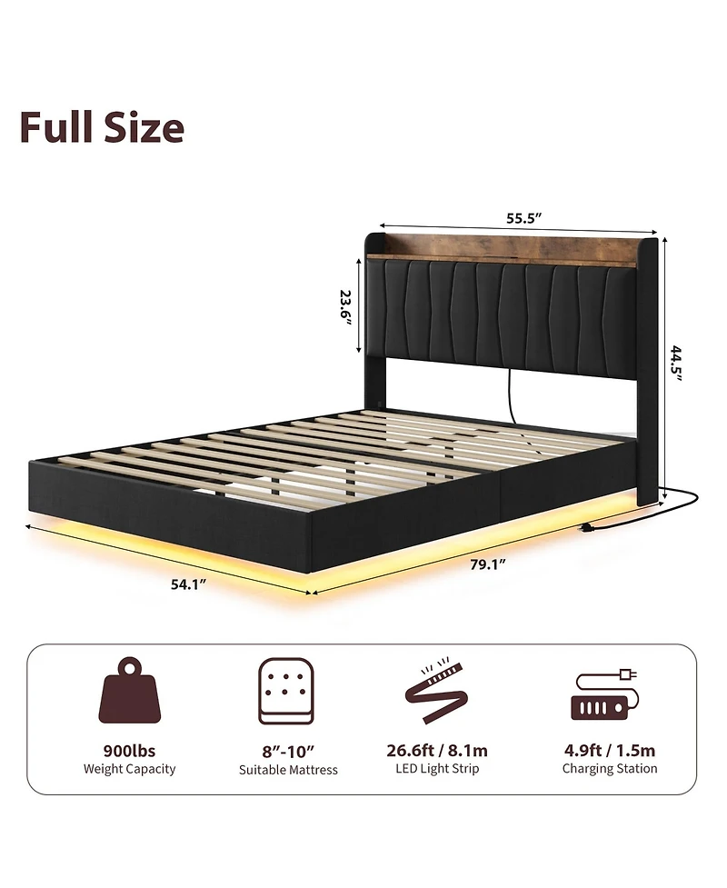 gaomon Floating Bed Frame Full with Led Lights & Usb Charging Station – Modern Upholstered Platform Bed with Headboard
