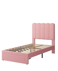 gaomon Twin Bed Frame with Under-Bed Drawer, Pink Boucle Upholstered Platform Bed with Wave Headboard for Kids/Girls, Wooden Slats Support