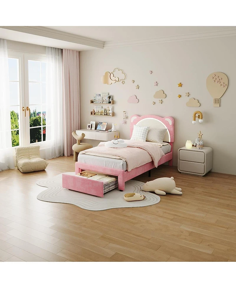 gaomon Twin Kids Bed Frame, Upholstered Platform with Adjustable Headboard, Drawer & Led